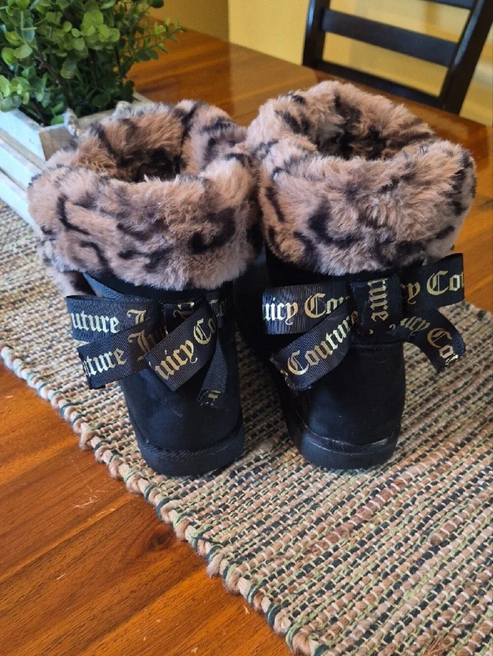 Juicy Couture Black Boots with Leopard-Print Faux Fur Cuff
